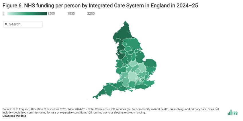 NHS funding per person by Integrated Care System in England in 2024–25