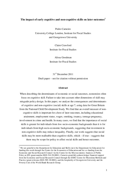 The impact of early cognitive and non-cognitive skills on later ...