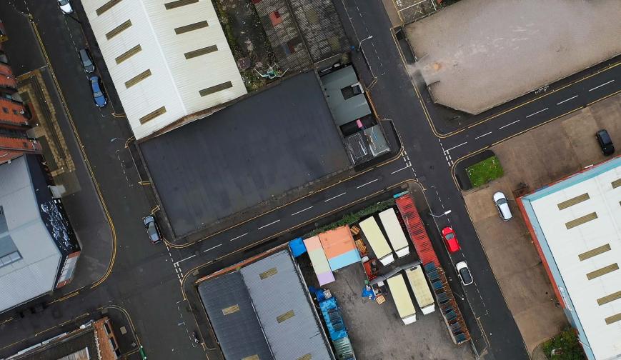 Aerial view of warehouses