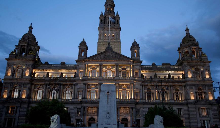 City Chambers illuminated at night Glasgow