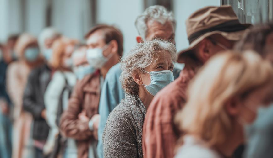 queue of people wearing medical face masks
