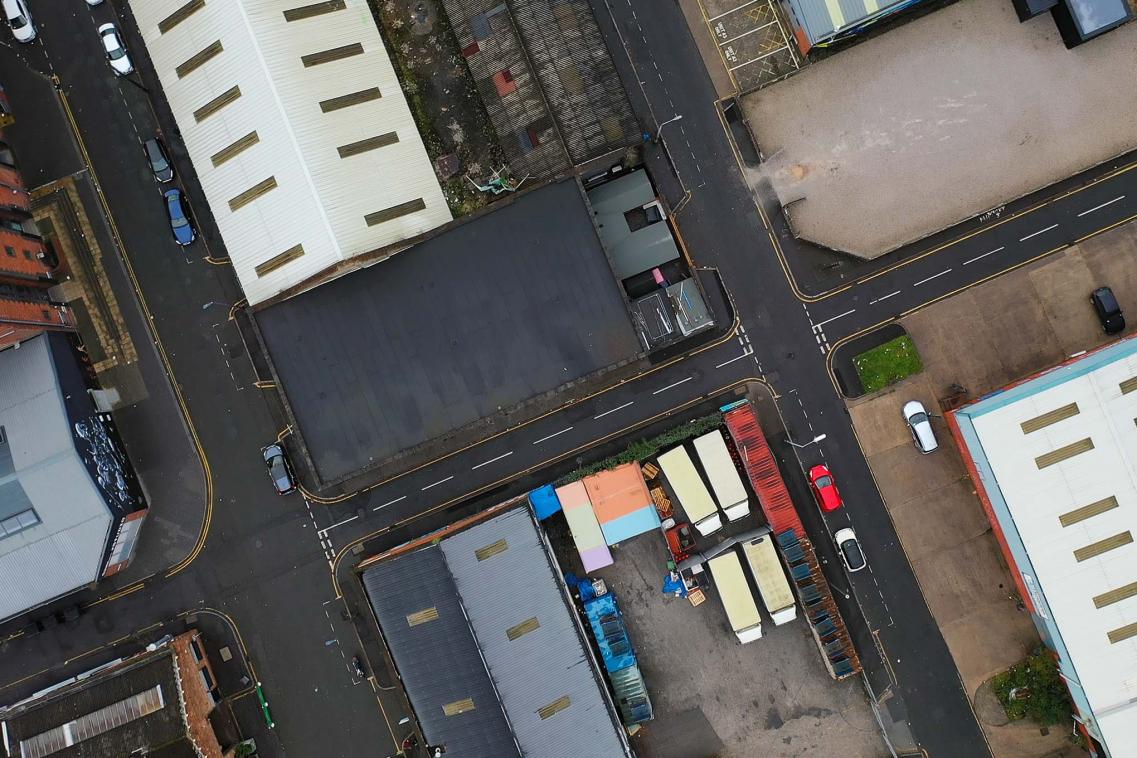 Aerial view of warehouses