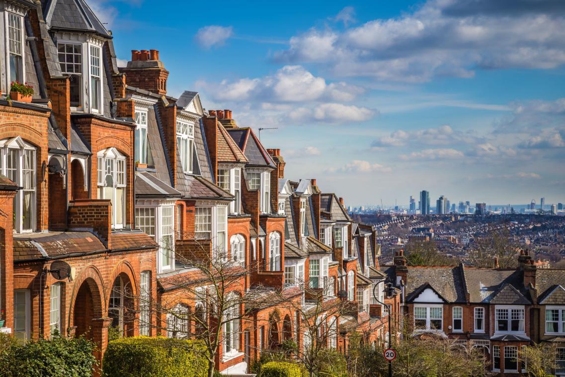 A photo of houses with London in the background