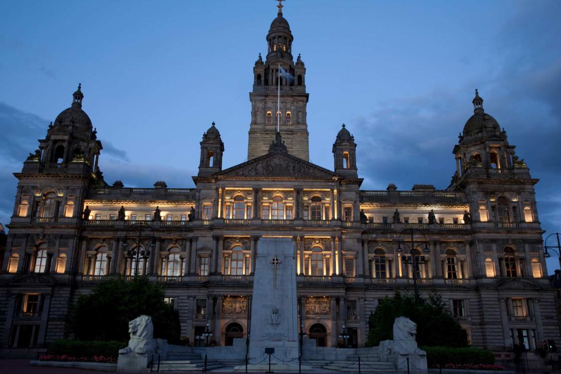 City Chambers illuminated at night Glasgow