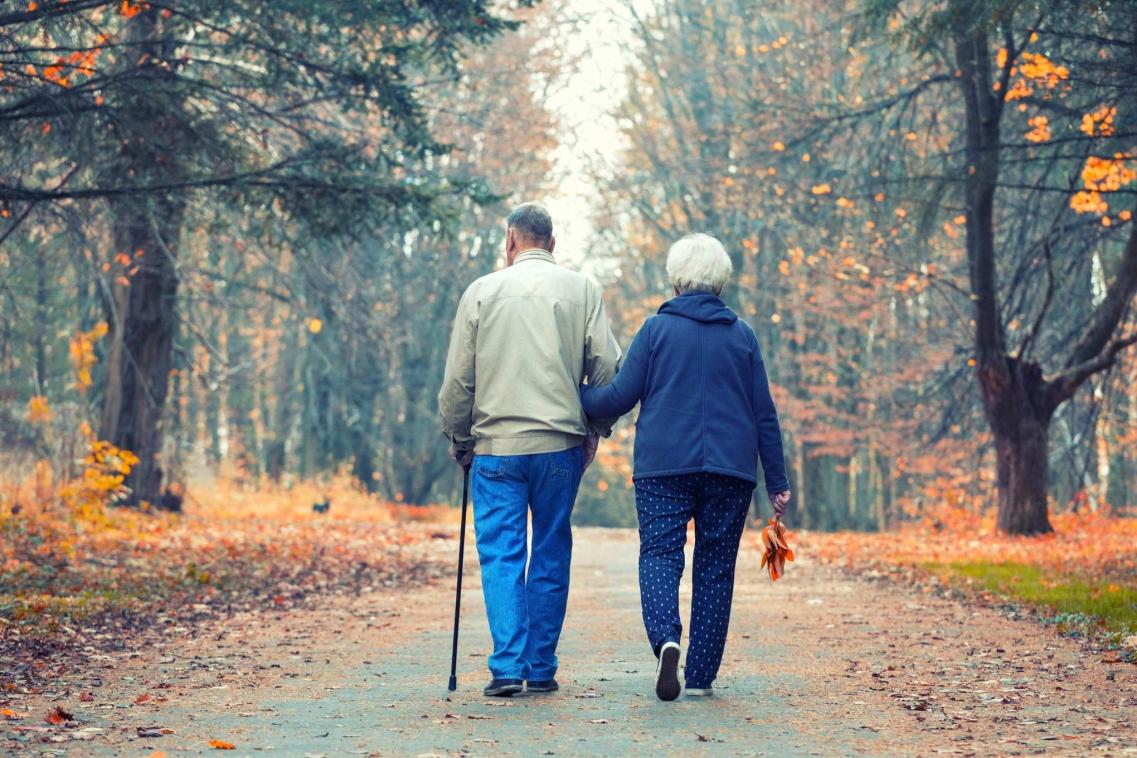 retired couple walking in park
