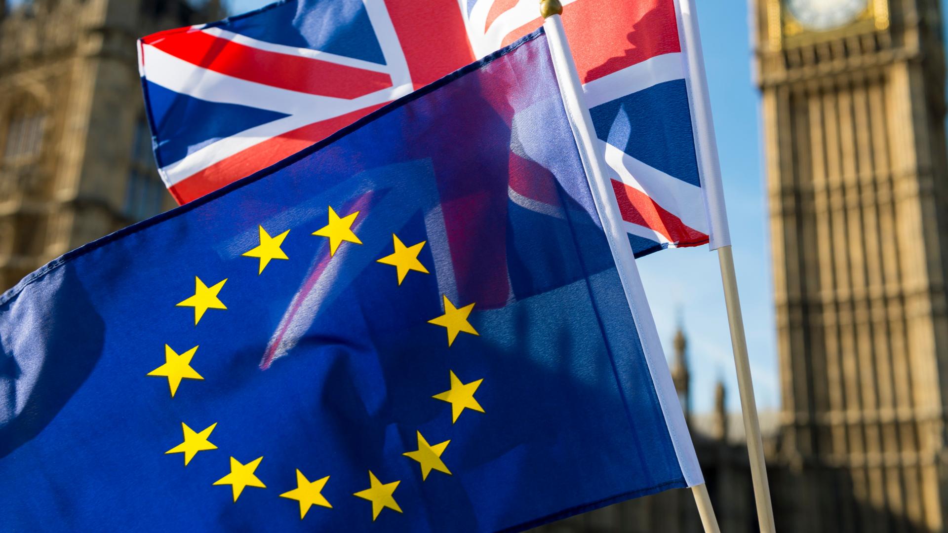 Image of UK and EU flags in Westminster