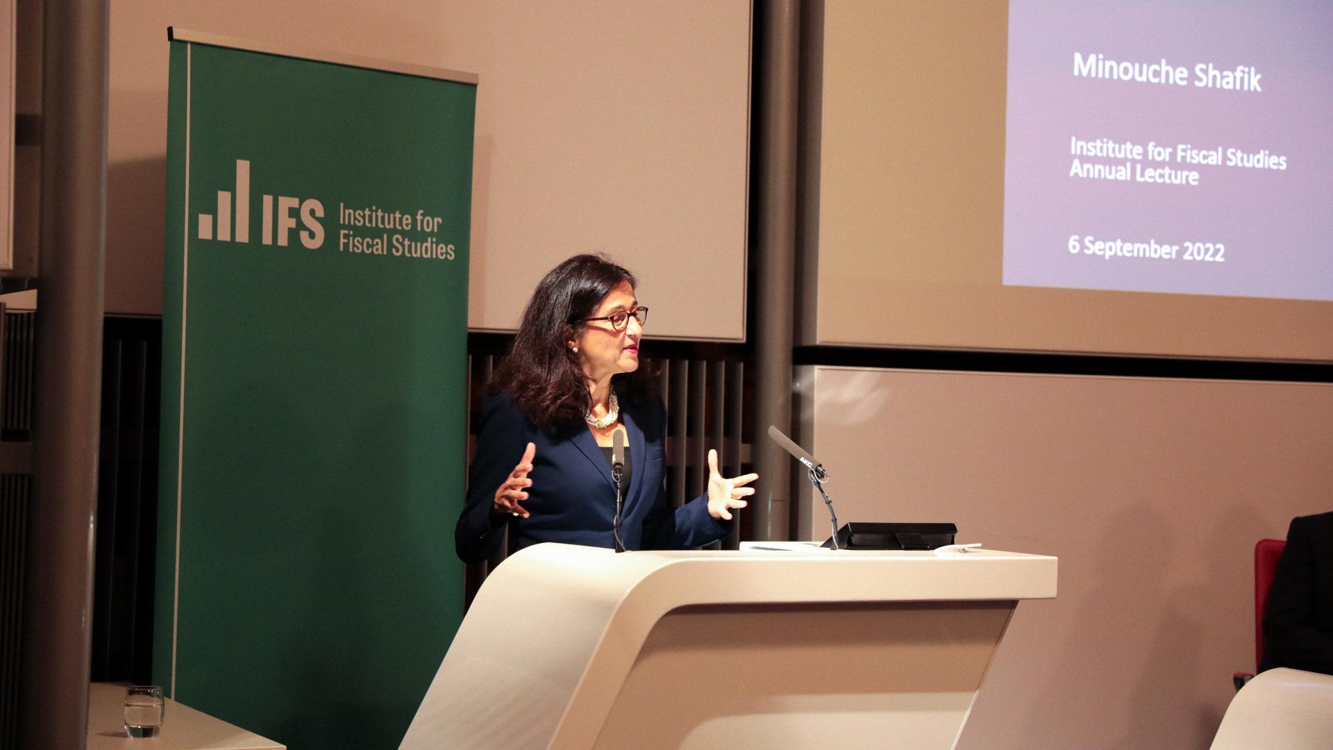Image of Baroness Minouche Shafik presenting at the IFS Annual Lecture