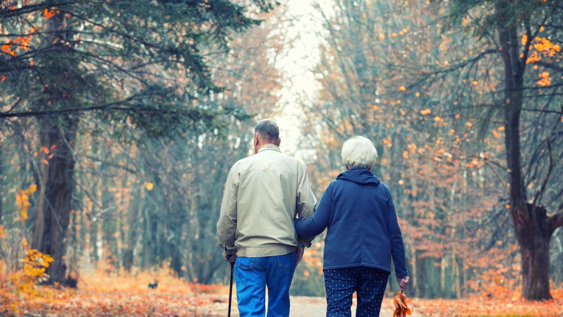 retired couple walking in park