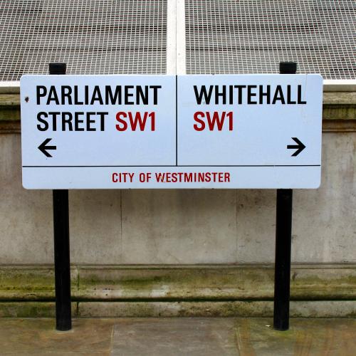 An image of a street sign signaling Parliament Street left and Whitehall right