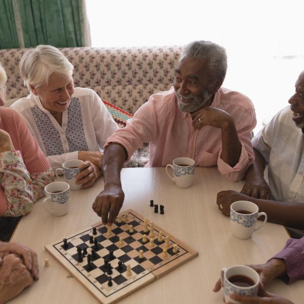 A group of senior people playing chess in a living room