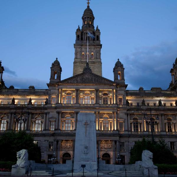 City Chambers illuminated at night Glasgow