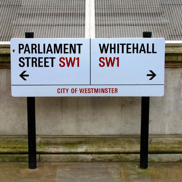An image of a street sign signaling Parliament Street left and Whitehall right