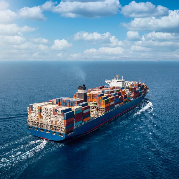 Image of a large container cargo ship sailing across the ocean