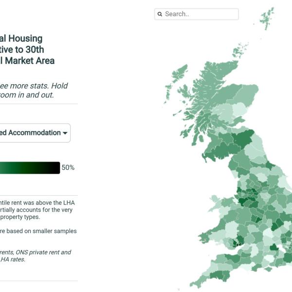 Estimated shortfall in Local Housing Allowance (LHA) rate relative to 30th percentile, by Broad Rental Market Area (BRMA)