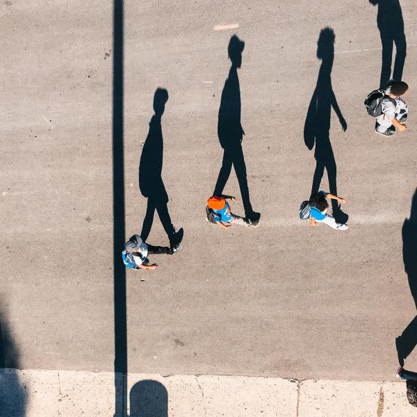 Image of people walking alongside their shadow