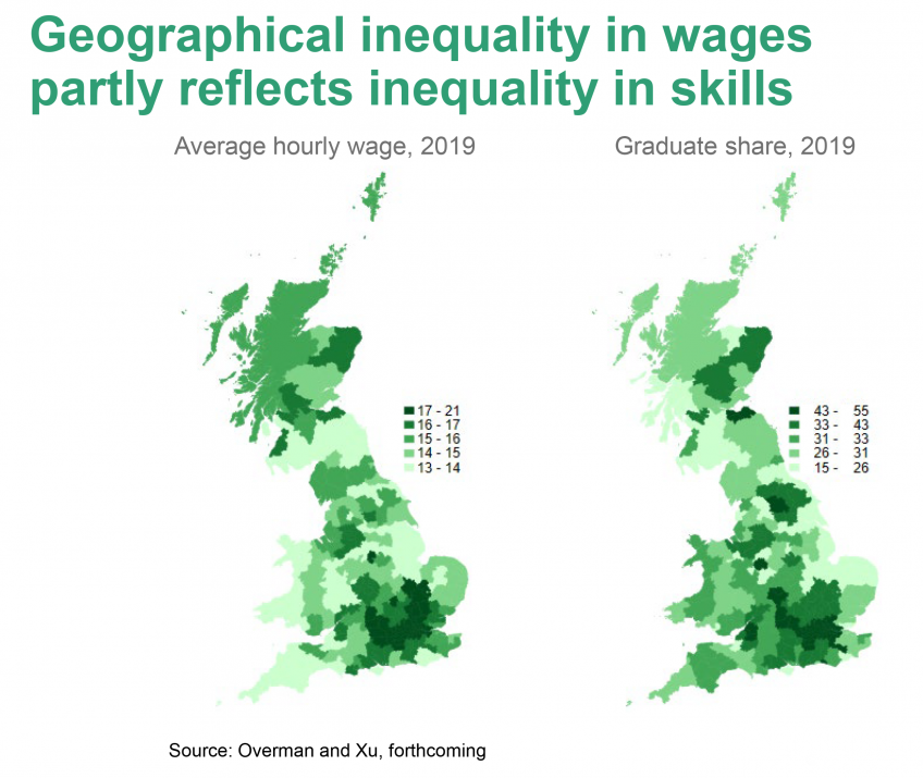 Two maps showing that geographical inequality in wages partly reflects inequality in skills
