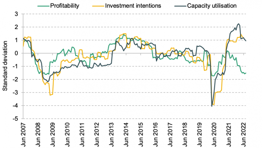 UK- survey indicators of capacity utilisation, investment and profitability, 2007–22
