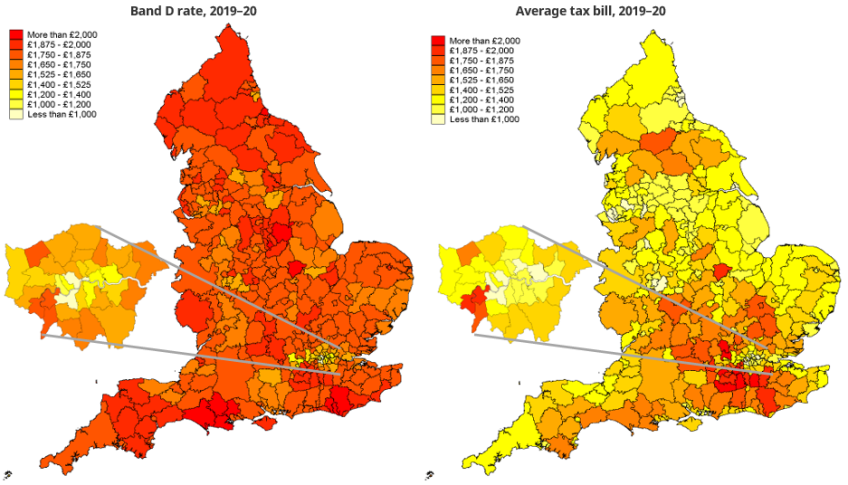 Figure 2.1. Band D rate and average tax bill by local authority in England, 2019–20