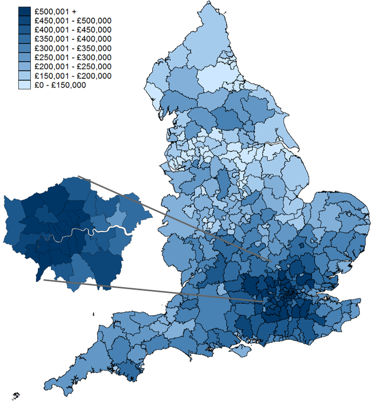 Figure 4.1. Estimated (mean) average property values by billing authority area, Q1 2019