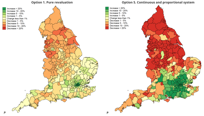 Figure 4.7. Changes in average tax bills if general central government funding is fully adjusted, by billing authority area