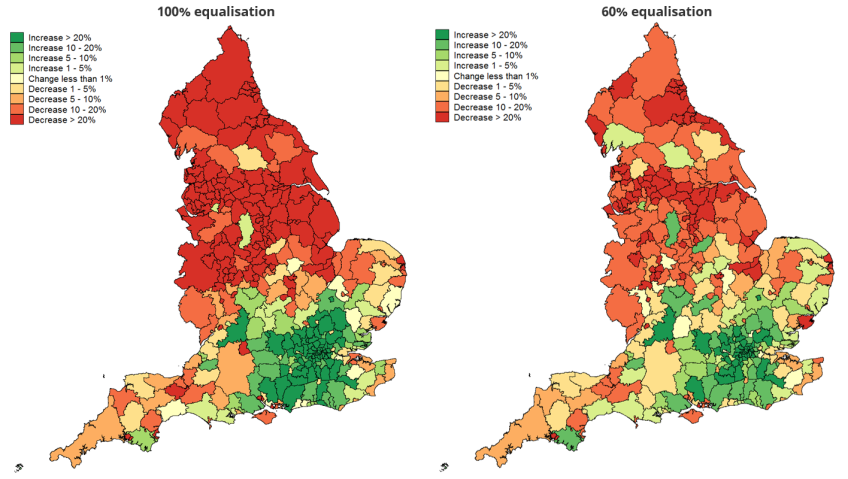 Figure 7.6. Change in average council tax bill from a continuous and proportional council tax if general central government funding is adjusted by varying degrees, by billing authority area