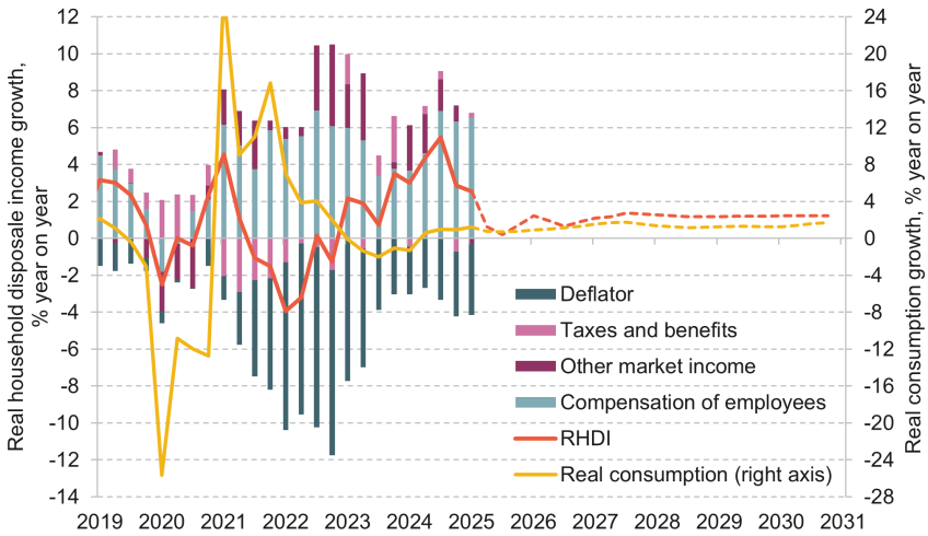 Figure 1.5. Year-on-year changes in real household disposable income (RHDI) and real consumption each quarter