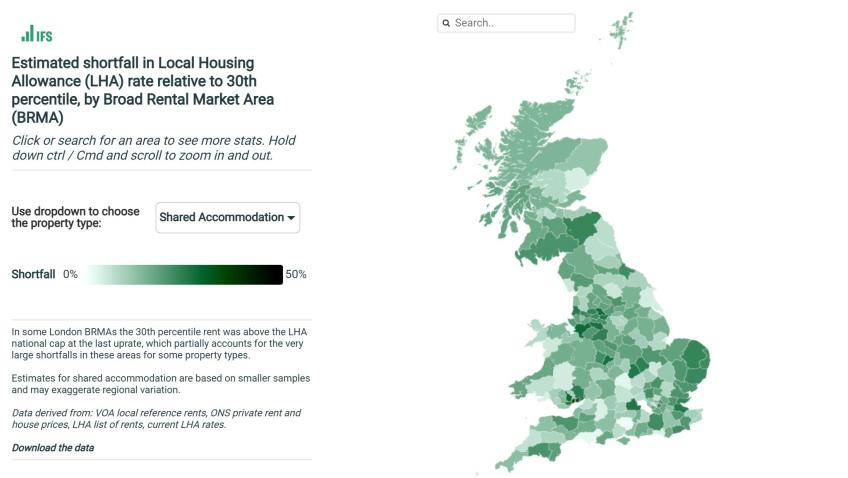 Estimated shortfall in Local Housing Allowance (LHA) rate relative to 30th percentile, by Broad Rental Market Area (BRMA)