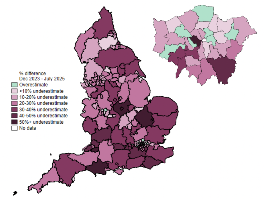 Figure 2.3. Percentage change in predicted take-up of the new childcare entitlements in 2024–25, from initial estimates (December 2023) to latest estimates (July 2025)
